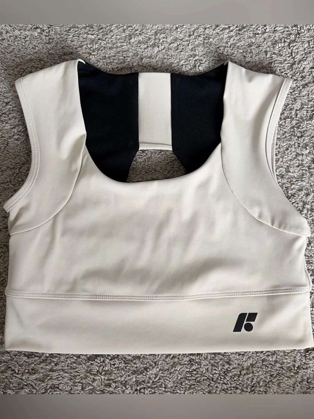 White and Cream Athletic Crop Top with Back Cutout